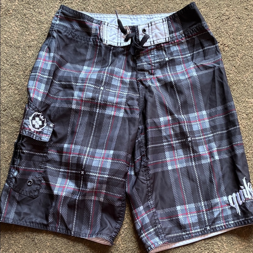 Black, Gray and Red Plaid Board Shorts